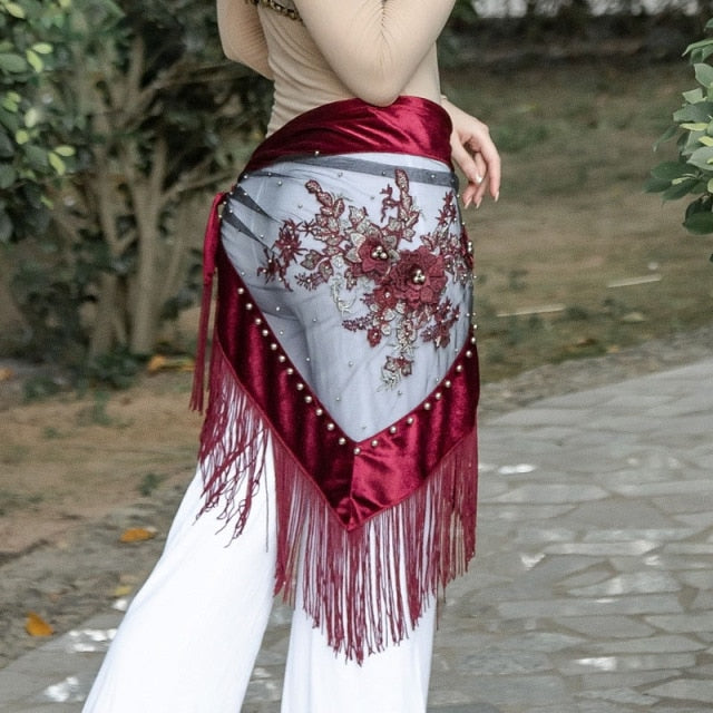 Belly Dance Hip Scarf Embroidered Wrap Shawl Fringes Triangle Belt