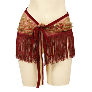Belly Dance Costume Sequins Tassels Wrap Fringes Hip Scarf with Gold Coins